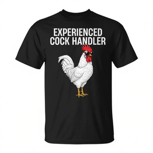 T-shirt Unisexe « Expérimenté dans la manipulation des coqs » Noir Grande Taille Col Rond Manches Courtes Sérigraphié Humour Adulte Promotionnel - Product Image 2
