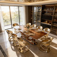 Ensemble de table à manger de luxe moderne, cadre en fibre de verre doré, plateau en marbre brillant, meubles, grand bureau rectangulaire pour villa