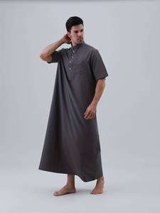 Camisa Thobe de Algodón para Hombre, Cuello Camisero, Manga Corta, Largo hasta el Suelo, Color Sólido, Transpirable, Ropa de Oración Modesta, Estilo de Medio Oriente - Product Image 4