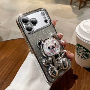 เคสโทรศัพท์เคลือบกลิตเตอร์ลายหมีน่ารัก สำหรับ iPhone 17 16 15 14 13 12 11 Pro Max พร้อมขาตั้ง - Product Image 5