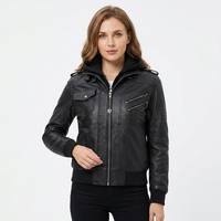 Veste bomber d'hiver pour femme en cuir véritable noir, coupe ajustée, à fermeture éclair, avec capuche, logo personnalisé OEM ODM, doublure en satin, polyester, style motard
