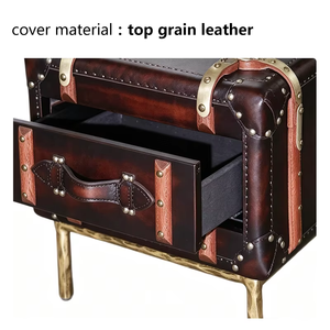 Table de chevet de luxe personnalisée en cuir véritable fait main <span class=keywords><strong>avec</strong></span> tiroir de rangement et pieds en fer, style <span class=keywords><strong>coffre</strong></span> antique, pour chambre à coucher - Product Image 3