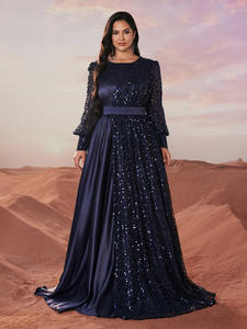 Gaun Malam Wanita Model A-Line Panjang Menyentuh Lantai untuk Pesta Prom, Berpayet, Patchwork Satin, Lengan Reguler, Ukuran Besar, Gaun Elegan - Product Image 4