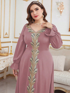 Khiêm tốn Muslim Maxi Dress loe tay áo vàng màu xanh lá cây thêu thoải mái mặc hàng ngày - Product Image 2