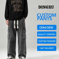 Vente en gros de jeans droits amples pour hommes, 14 oz, en denim délavé, style streetwear, pantalons cargo avec logo personnalisé pour hommes