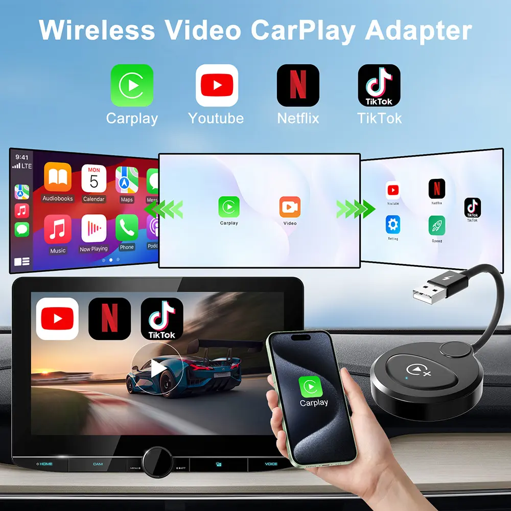 Drahtloser CarPlay-Adapter eingebautes Youtube Netflix TikTok Apple CarPlay drahtloser Dongle verkabelt zu drahtlosem CarPlay-Video-Adapter