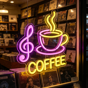 ป้ายร้านกาแฟนีออน ไฟ LED รูปทรงถ้วยดนตรี สีม่วงเหลือง โคมไฟแก้วติดตั้งสำหรับร้านค้า แสงสีขาวอบอุ่น 2700K - Product Image 1