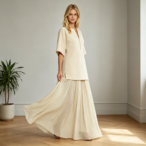 Vestido <span class=keywords><strong>de</strong></span> Dos Piezas Color Albaricoque <span class=keywords><strong>de</strong></span> Alta Calidad <span class=keywords><strong>para</strong></span> Mujer, Vestido Maxi con Cuello en V, Botones al Frente, Plisado, <span class=keywords><strong>Elegante</strong></span>, Minimalista, <span class=keywords><strong>para</strong></span> Vacaciones - Product Image 1