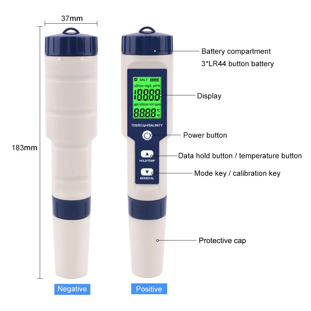 حار بيع الرقمية 5 في 1TDS/EC/PH/الملوحة/درجة الحرارة مقياس درجة الحموضة للمياه ، أحواض سباحة ، متعددة الوظائف المياه جهاز اختبار جودة الماء