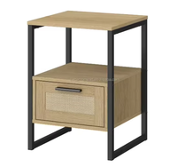 Mesa de Noche de Ratán con un Cajón, Mesa Auxiliar de Madera para Dormitorio, Moderna con Patas de Metal