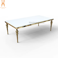 Table de banquet en acier inoxydable avec plateau en verre doré, événements de mariage, hôtel, ensemble de salle à manger pour fêtes, comprend des chaises en métal