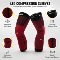 Manchon de compression long pour le genou, personnalisable avec logo, rouge et noir, pour le sport (course, basketball et fitness) - Vente en gros pour Noël