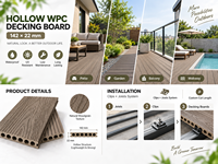Planche de terrasse en WPC creuse 142x22mm, imperméable, résistante aux UV, dalles de terrasse en composite pour hôpital, jardin, parc extérieur