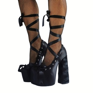 Fashion Thick Sole Lolita Sweet Lace Up <b>Block</b> <b>Heel</b> Plus Size 47 Women Single Shoes - Product Image 1
