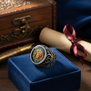 925K Sterling Silver Ottoman Arms Blue Enamel <b>Men</b> <b>Ring</b> - Product Image 3