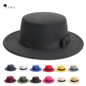 MSMC Wool Fedora <b>Hat</b> Flat Top With Ribbon <b>Band</b> Adult Casual Spring Autumn Fashion <b>Hat</b> - Product Image 1