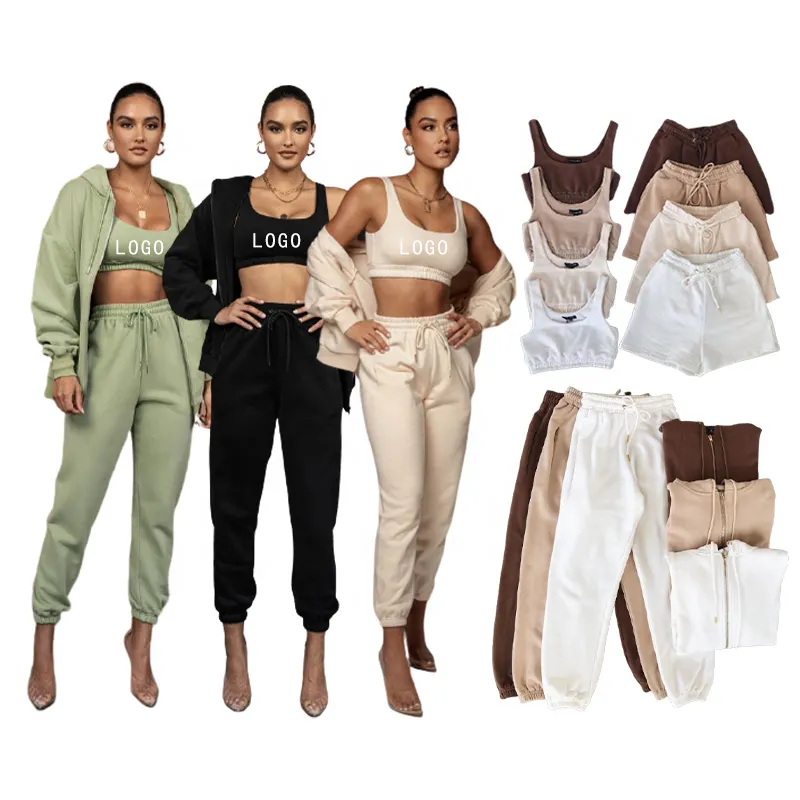 Ropa Deportiva Mujer Causal Plain Loose 2 3 4 Pieces Cotton Crop Tank Top And Jogger Sweatpants Bike Shorts Zip Up Hoodie Set