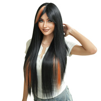 Wig Rambut Asli Berkualitas Tinggi 32in Model Lurus Alami Ri Silk untuk Wanita, Warna Oranye Cerah dengan Highlight, Ringan dan Bernapas
