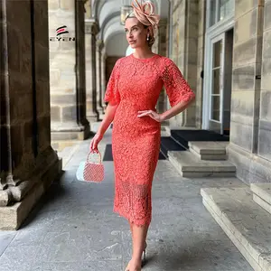 Conyson New Arrival Spring Summer Plus Size Half Sleeve Elegant Lace Coral Shade Luxurious Party Gown For Women Evening Dresses