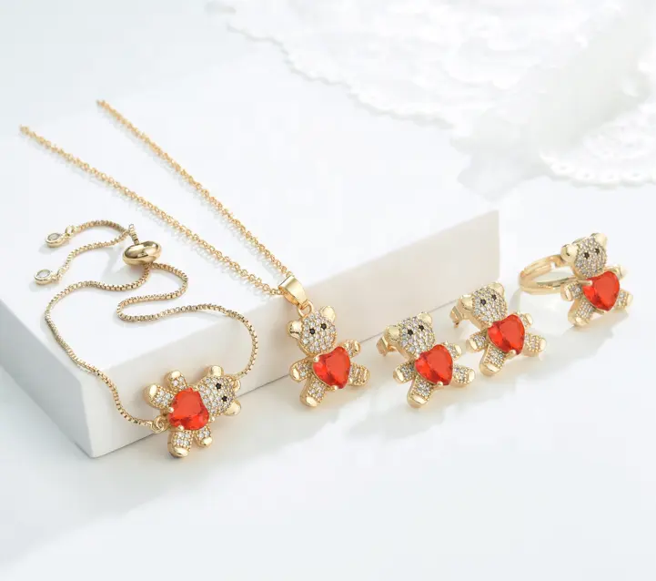 Elfic Cute Jewelry Sets Necklace&Rings&Bracelets&earrings Bear jewelry Animal Stud earrings Conjuntos Oro Laminado Gold Plated
