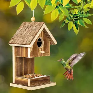 Solid Wood Bird's Nest Feeder Small Hummingbird House With Hanging Design For Outdoor Courtyard Garden Decor Pet Bowls Feeders