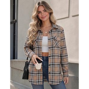 <b>Flannel</b> Shirt Women Plaid Button Down Long Sleeve Autumn <b>Tops</b> Breathable Turn-down Collar Utility Style - Product Image 2