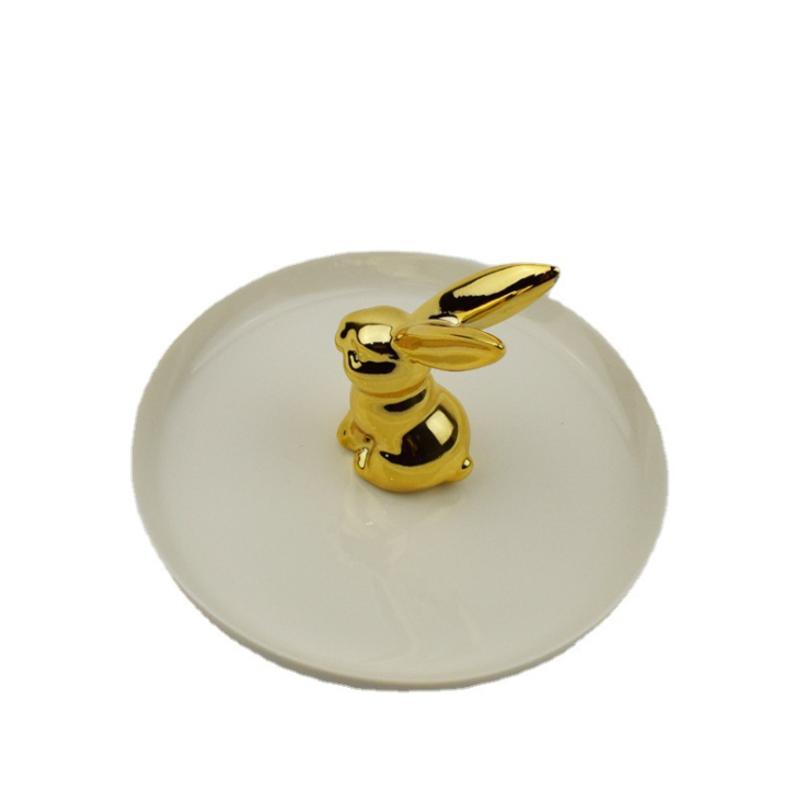 Креативные подарочные украшения, золотой керамический кролик, позолоченный Кролик, поднос, ювелирная тарелка