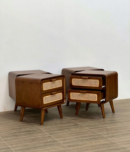 Table de chevet en bois massif avec façades de tiroirs en rotin, 2 tiroirs, meubles de chambre à coucher de style moderne du milieu du siècle - Product Image 4