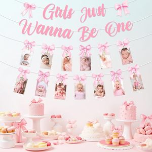 Decoraciones de Primer Cumpleaños con Lazo Rosa, Banner 'Las Niñas Solo Quieren Ser de 1 Año', Banner Fotográfico de 0 a 12 Meses para Fiesta de Cumpleaños con Lazo - Product Image 6