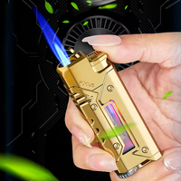 Briquet à gaz butane rechargeable à recirculation en métal résistant au vent pour l'extérieur, lumière LED colorée, chambre à gaz visuelle, briquet à cigarettes