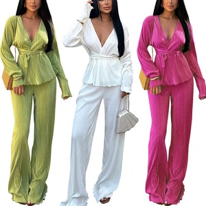 เสื้อคาร์ดิแกนคอวีผูกโบว์ แขนยาว กางเกงขายาวทรงหลวม ชุดเซ็ต 2 ชิ้น ดีไซน์จีบ สำหรับผู้หญิง สไตล์ลำลอง แฟชั่น - Product Image 1