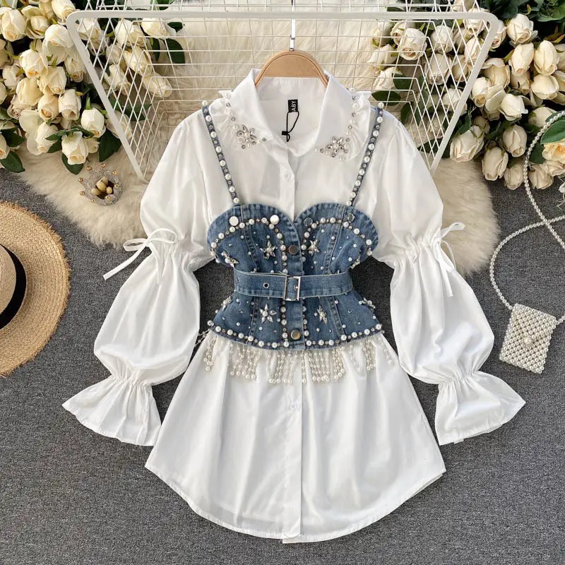 Spring Women's Fashion Shirt Diamond Beaded Puff Sleeve Long Shirt Top Tassel Pearl Sling Vest Two-Piece Set Ladies Blouses