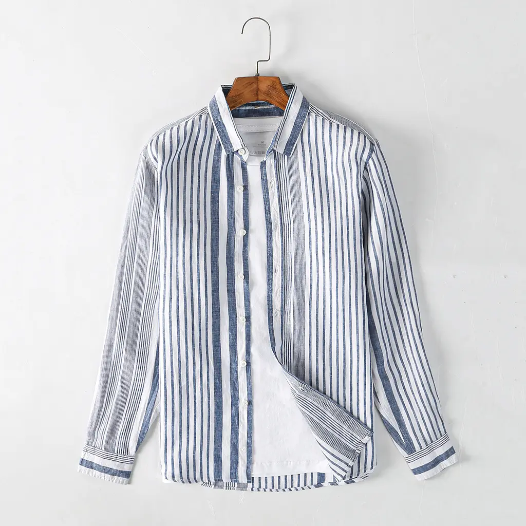 Hot Style Summer Fashionable Blue Stripes Linen Shirt for Men Breathable Men's Shirt