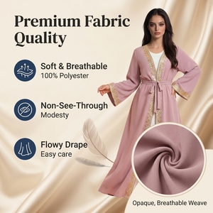 Abaya Abierta de Talla Grande para Mujer, Color Rosa, Poliéster, Bordada con Lentejuelas, Manga Larga, Vestido Maxi con Cinturón - Product Image 2