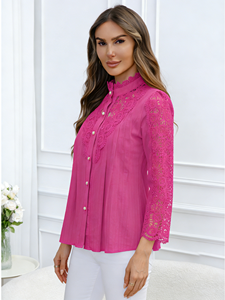 Chemisier en dentelle fuchsia grande taille pour femme, chemise à col montant et boutons perlés, tunique ample à manches longues coupe trapèze - Product Image 2
