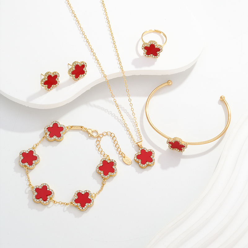 Ensemble De Bijoux Femme Plaqué Or - Collier Et Boucles D'oreilles Avec CZ Rouge, Neuves Avec étiquettes