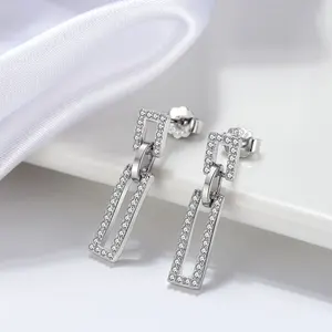 RINNTIN APE20 moda doble cuadrado pendientes colgantes joyería CZ diamante 925 pendientes de plata esterlina para mujer