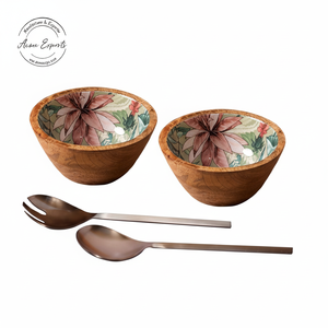 Juego de cuencos y cucharas de madera hechos a mano respetuosos con el medio ambiente con acabado esmaltado utilizado para postres y aperitivos - Product Image 1