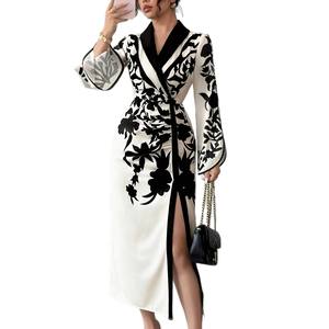 Kadın sonbahar ve kış fransız zarif çiçek baskı resmi ofis elbiseler V boyun yarık uzun elbise kadın abiye - Product Image 6