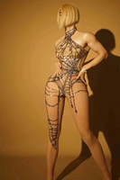 Combinaison moulante sexy en résille extensible avec perles de diamant, costume de performance de danse en boîte de nuit