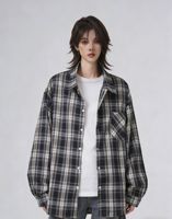 Chemise rétro à carreaux pour femme en gros, OEM, fine, oversize, à manches longues, boutonnée, protection solaire, veste d'extérieur d'été, bleu marine, café