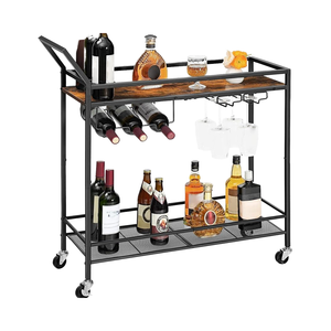 Casier à vin de cuisine à 2 niveaux en métal brun noir rustique moderne chariot de service rails de protection roues pour la maison bar salle à manger hôtel salon - Product Image 1