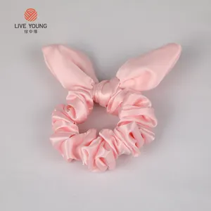 factory wholesale custom 100% pink silk scrunchies satin silk hair scarf scrunchie with bowknot