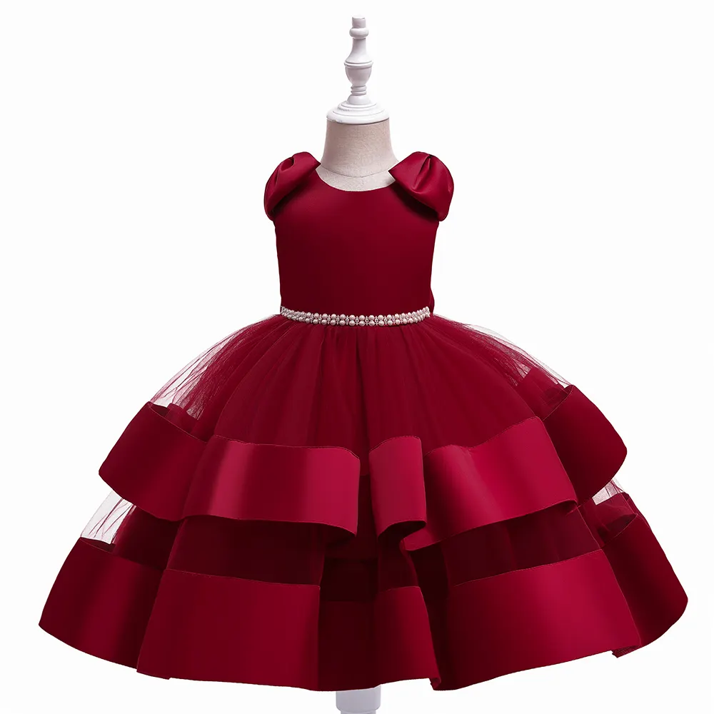 FSMKTZ Hot Selling Beaded Belt Ball Gown Elegant Girls Dress Wholesale Price Children Dresses 110-150cm Kids Clothes