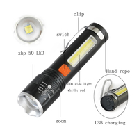 Lampe de poche latérale COB P50, torche zoomable avec batterie intégrée, lampe d'éclairage en alliage d'aluminium