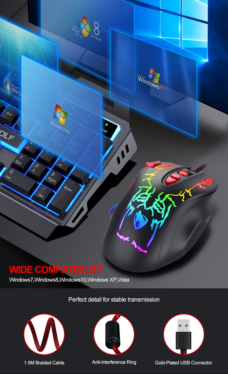 TWOLF G550 gaming mouse wired 8 programmable buttons RGB backlit 7200DPI opitical LED light for computer PC Gaming Mice