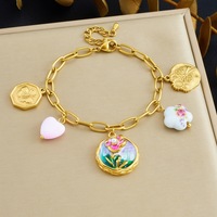 Ensemble de bijoux en acier inoxydable pour femmes, plaque ronde en émail rétro filigranée plaquée or raffiné, motif papillon, bracelet, collier