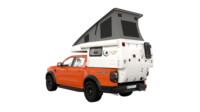 Camper RV à glissière escamotable pour pick-up, coque de camping-car à toit relevable 3 couchages avec douche, toilettes, cuisine, réfrigérateur, panneaux solaires