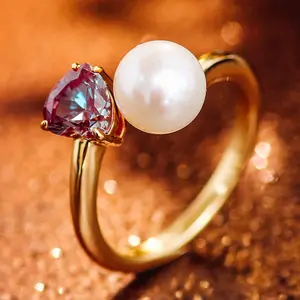 Anello di perle rotonde d'acqua dolce naturale con pietre preziose sciolte tagliate a cuore anelli di gioielleria raffinata alessandrite due pietre vendita calda