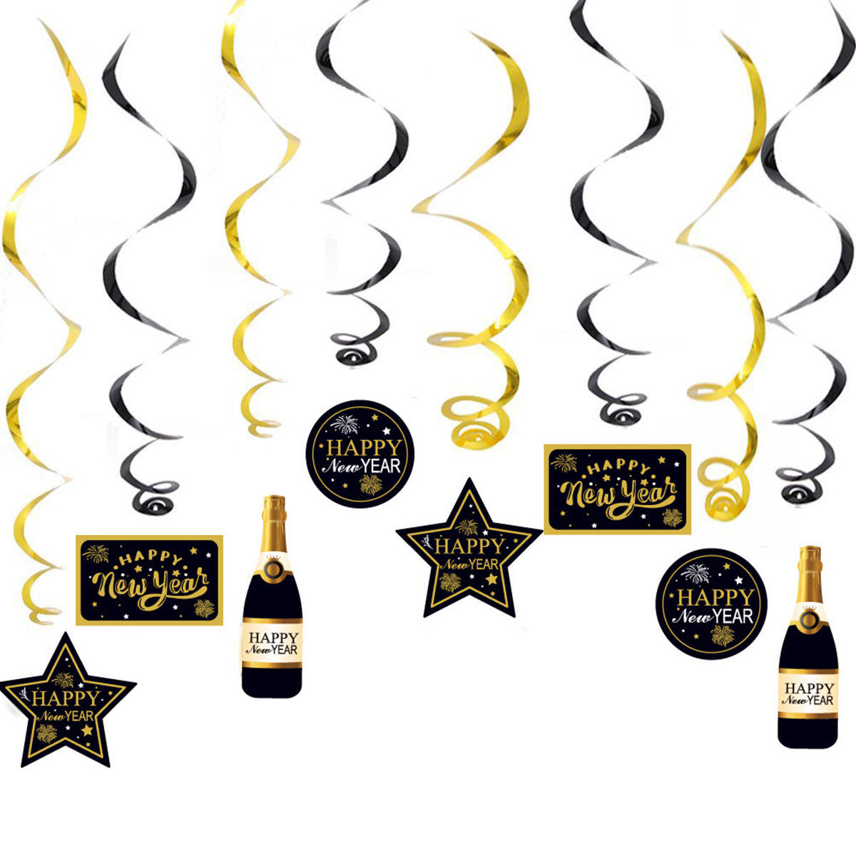 Happy New Year 2025 Decorations - Black & Gold Banner & Ceiling Hanging Swirls Party Set